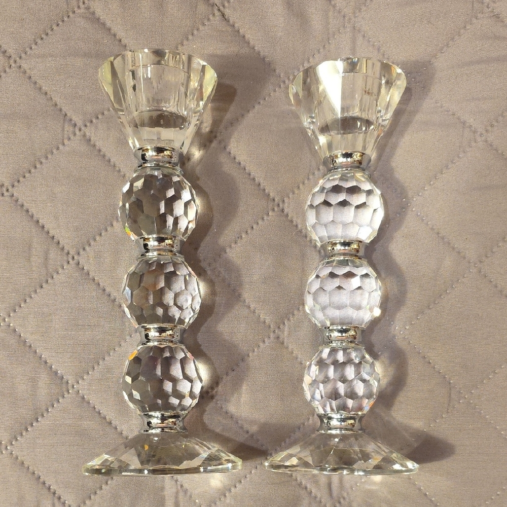 Shannon Afterglow Crystal Candlesticks Pair with Silver Accent Bands - Picture 4 of 13